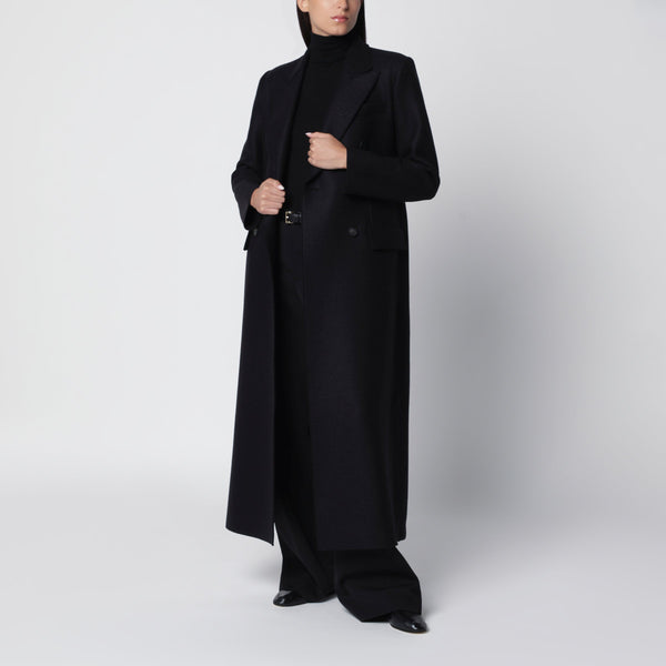Long Black Double-Breasted Wool Coat