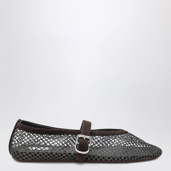 Flat Rhinestone Mesh Ballerinas In Suede, Smoky Brown
