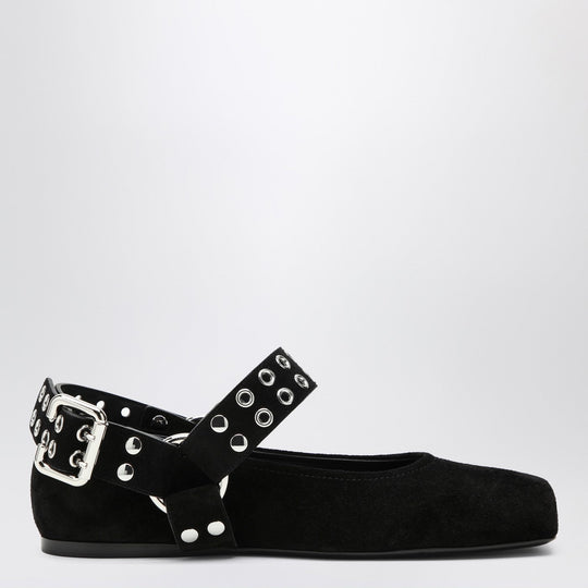 Black Suede Flat Ballerina Biker