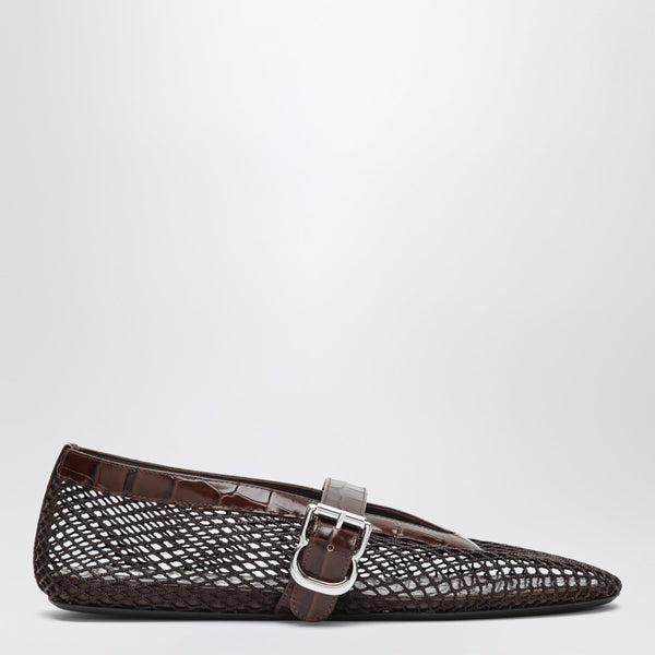 Brown Mesh And Croc-Effect Leather Ballet Flats