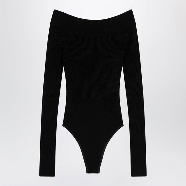 Shaping Ribbed Knit Off-Shoulder Bodysuit In Black
