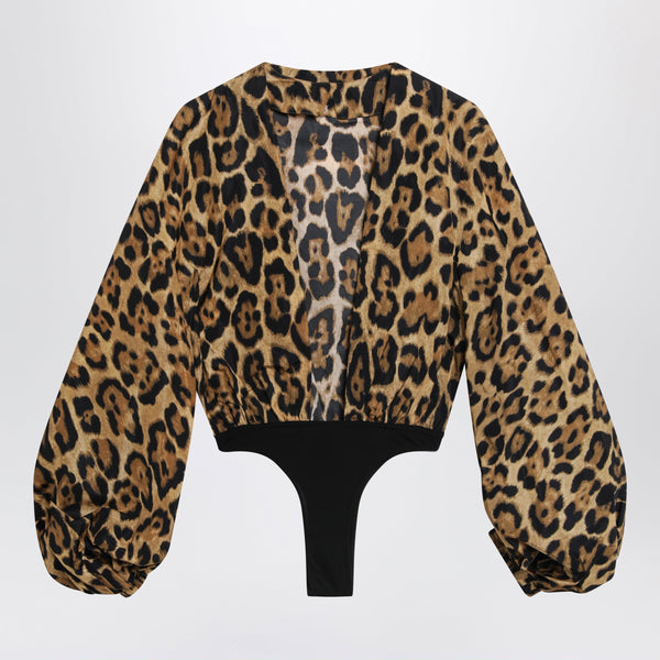 Leopard-Print Nylon Bodysuit Shirt