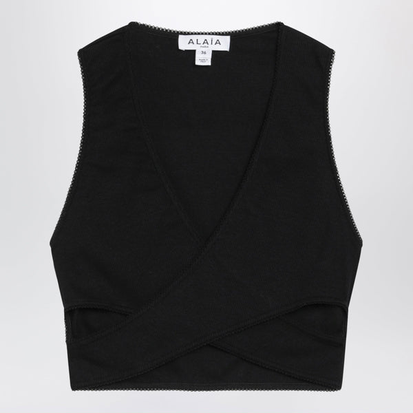 Black Cotton-Blend Wrap Top