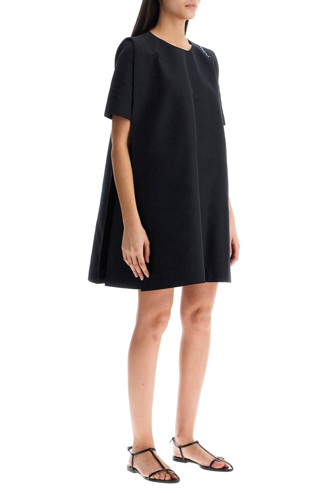 Loose Dress With Wide Neckline Black Cotton Short Sleeve