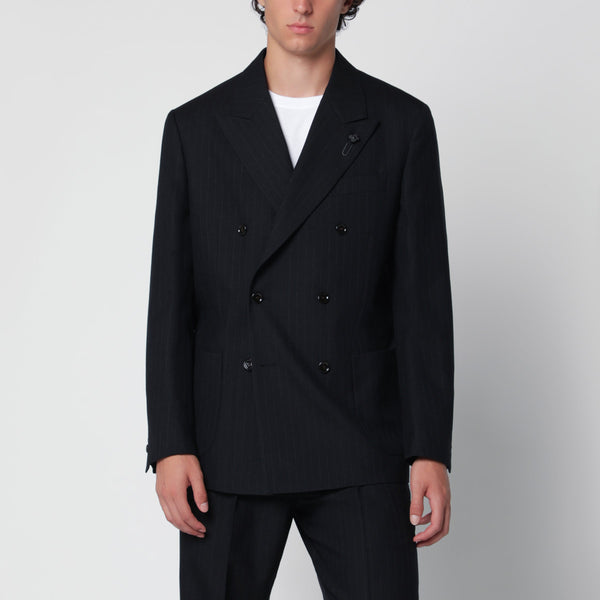 Blue Double-Breasted Jacket In Wool With Pinstripe Pattern