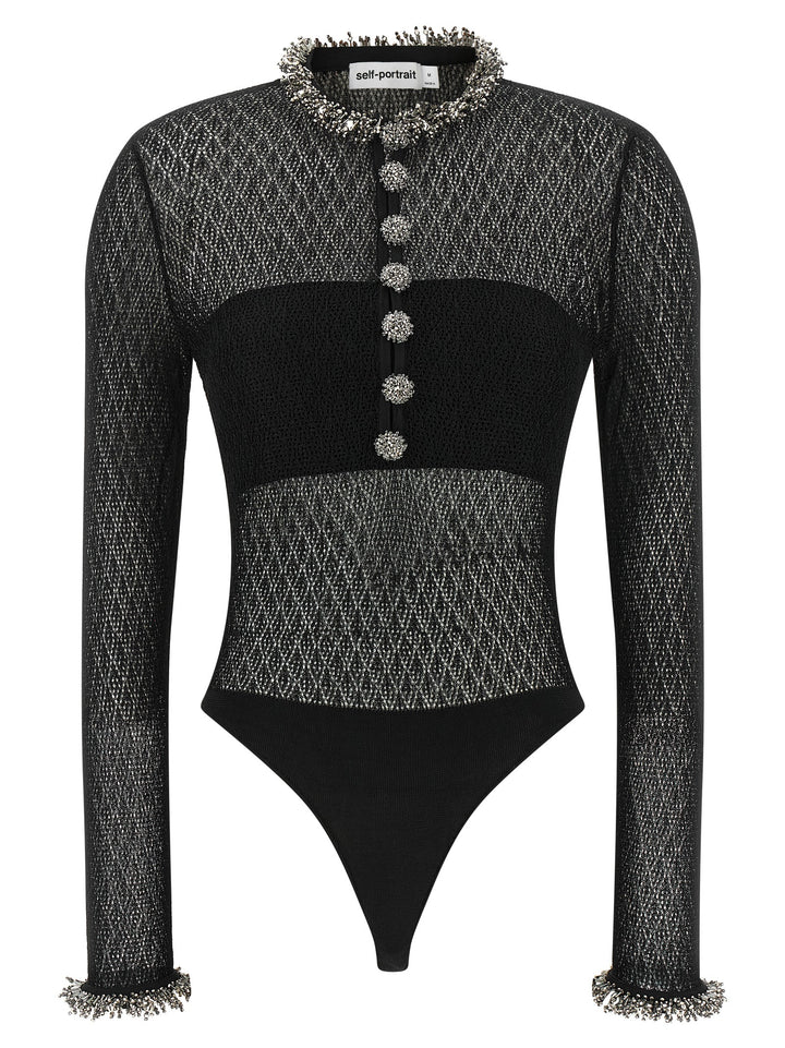 Self Portrait Openwork Knitted Bodysuit Tops - Black | 54406f7dc78dd4c7a12c01bde7fd7ef2014d71af