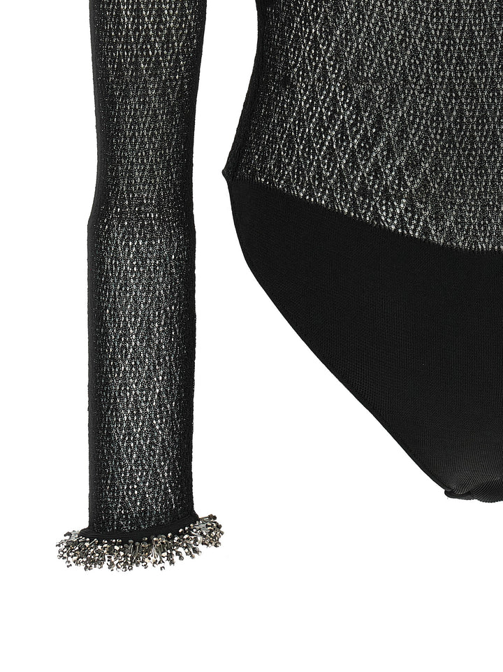 Self Portrait Openwork Knitted Bodysuit Tops - Black | 4473ab054bf436d3f91ccd144655df7512bd91a7