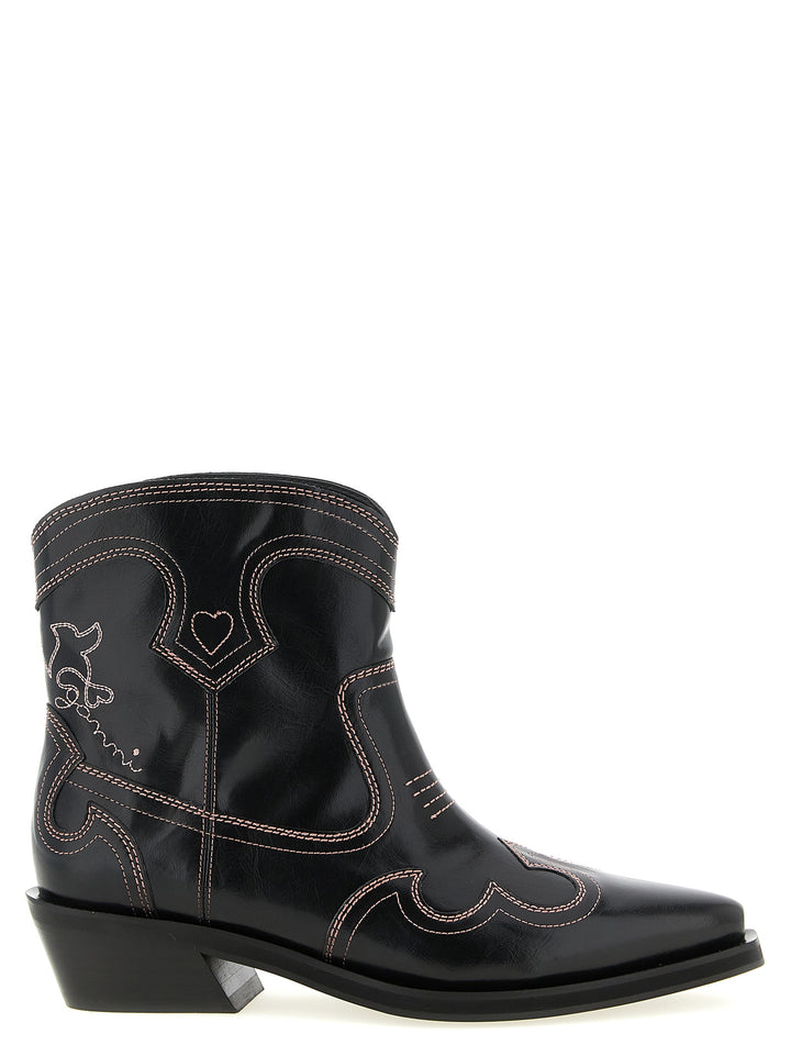 Ganni Low Shaft Embroidered Western Boots and Ankle Boots - Black | 0163377a99571426f7d9e85b30129d7d82dd9df3