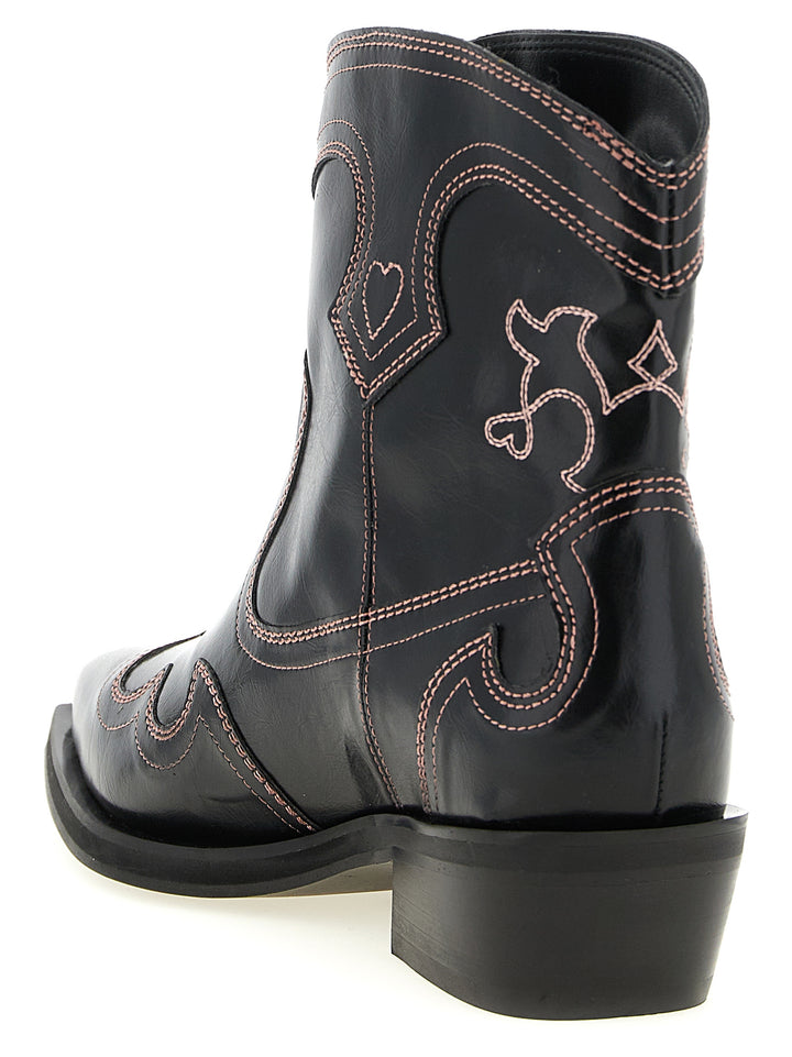 Ganni Low Shaft Embroidered Western Boots and Ankle Boots - Black | 75febf0209068bdb5327b49b5a93604361f00c9e