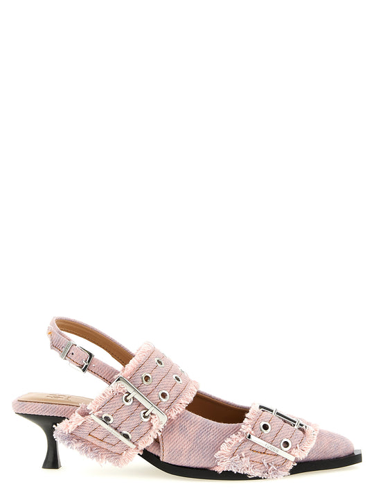Feminine Buckle Fringed Denim Pumps Pink