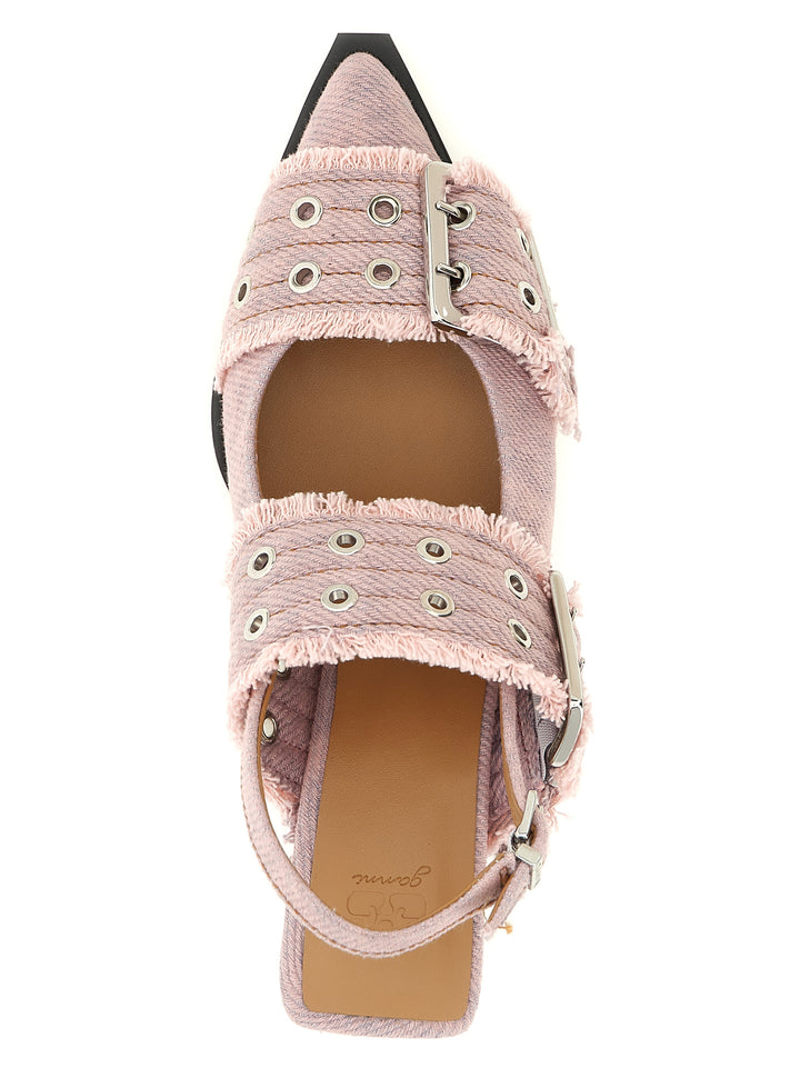 Ganni Feminine Buckle Fringed Denim Pumps - Pink | 7674856e67546bd03277a442b8f0fa048947384a