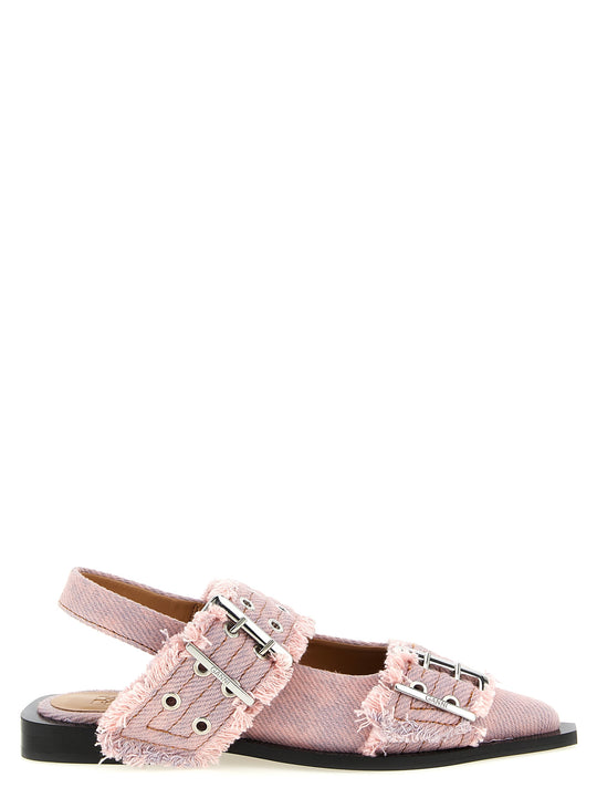 Feminine Buckle Fringed Denim Flat Shoes Pink