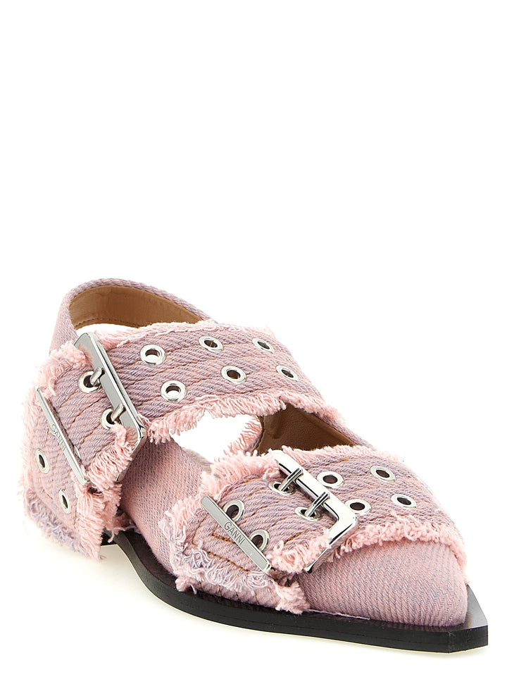 Ganni Feminine Buckle Fringed Denim Flat shoes - Pink | 7f52830913f49bd12a3d7371163f85dd9a8debfe