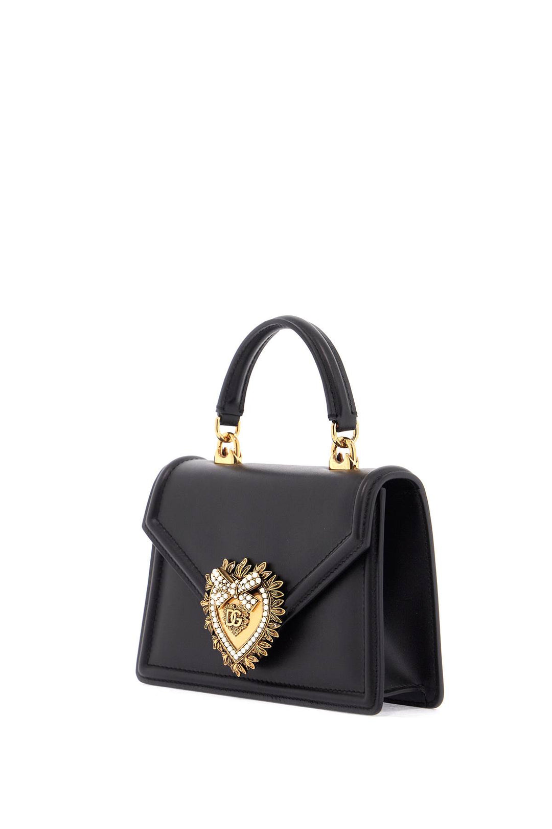 Black Calfskin Shoulder Bag With Rhinestone Details And Gold Chain