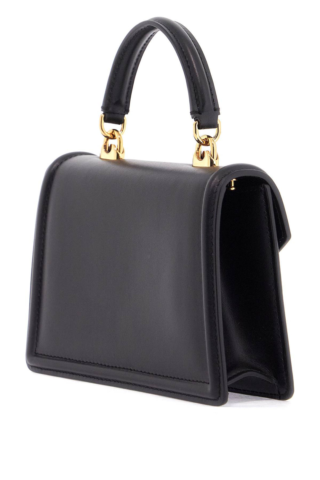 Black Calfskin Shoulder Bag With Rhinestone Details And Gold Chain