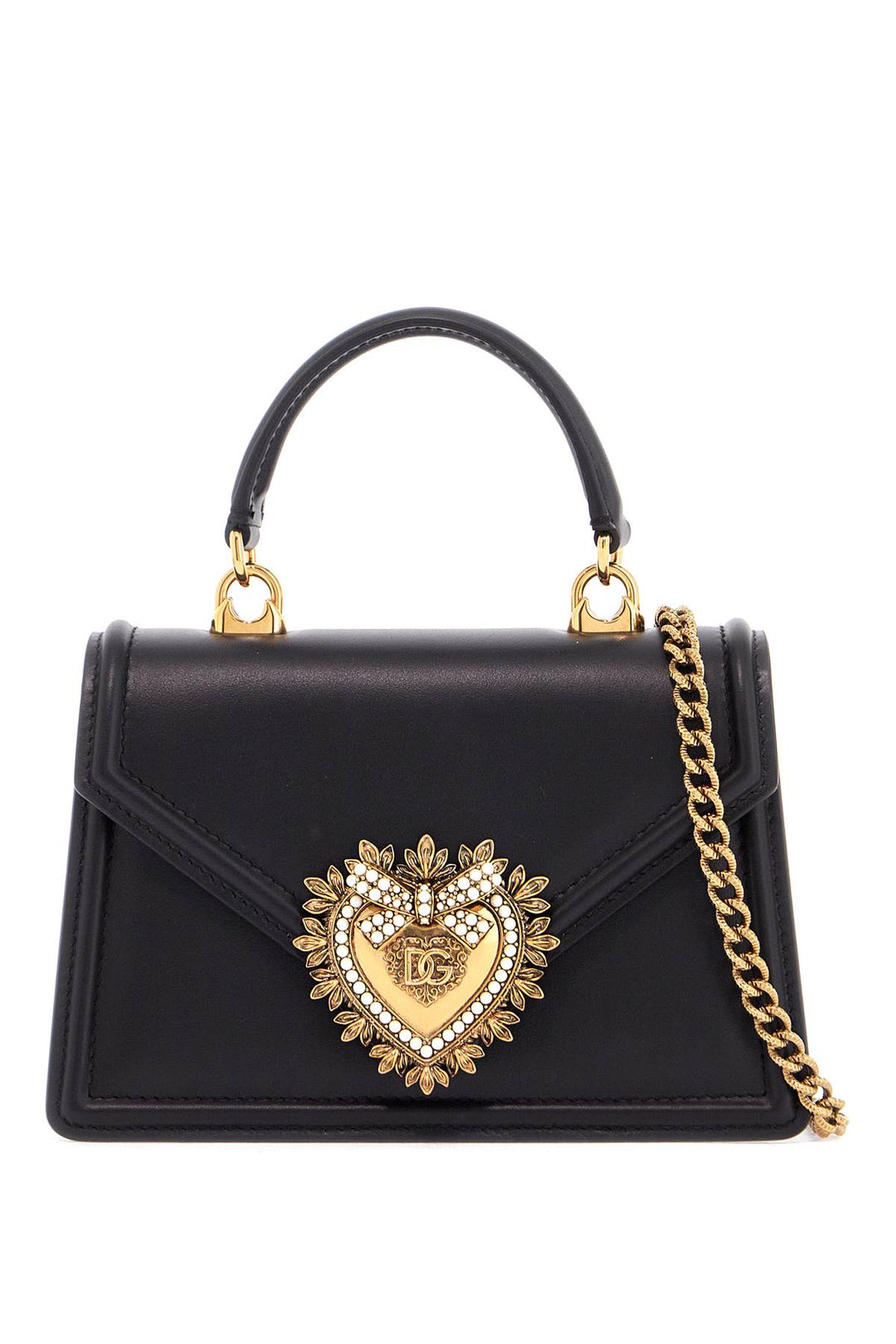 Black Calfskin Shoulder Bag With Rhinestone Details And Gold Chain