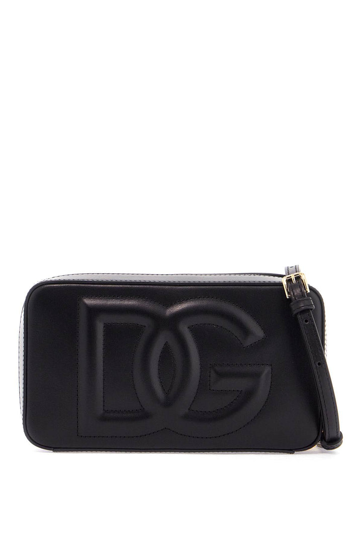 Black Calfskin Shoulder Bag With Embossed Logo And Adjustable Strap