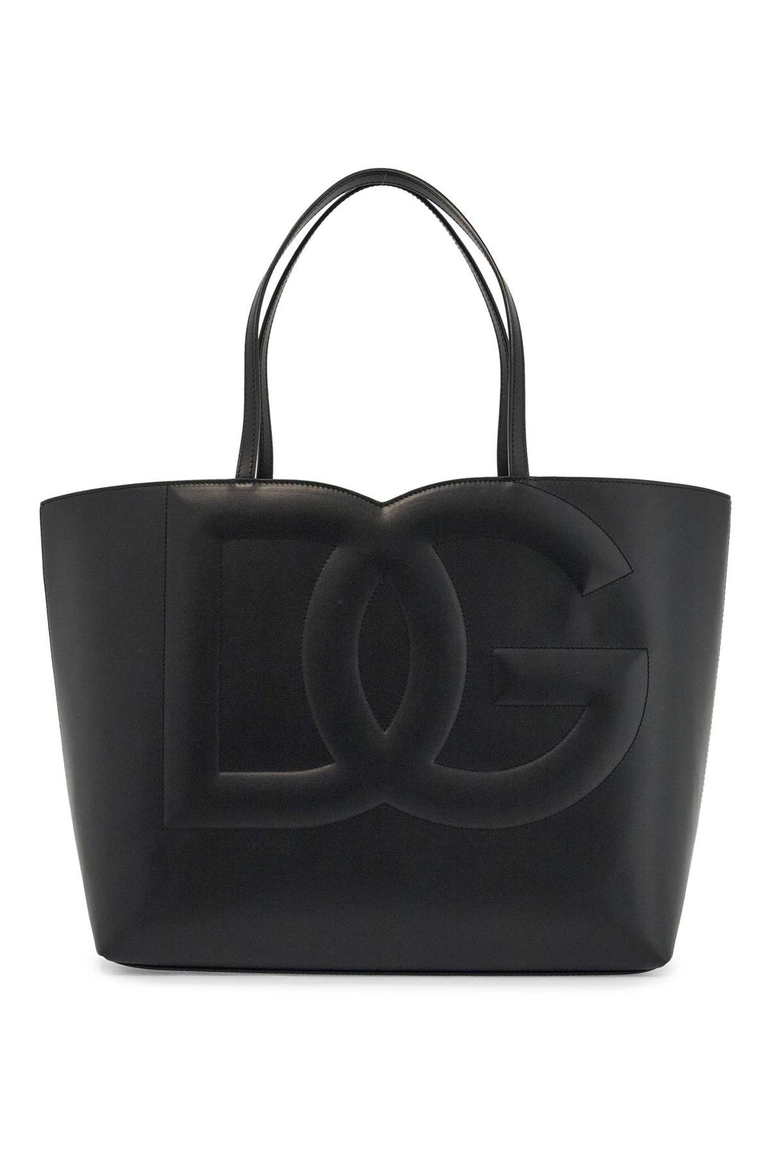 Black Calfskin Shopping Bag With Embossed Logo