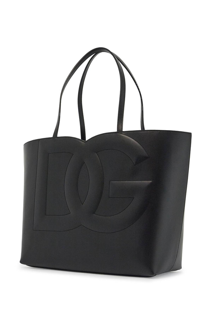 Black Calfskin Shopping Bag With Embossed Logo