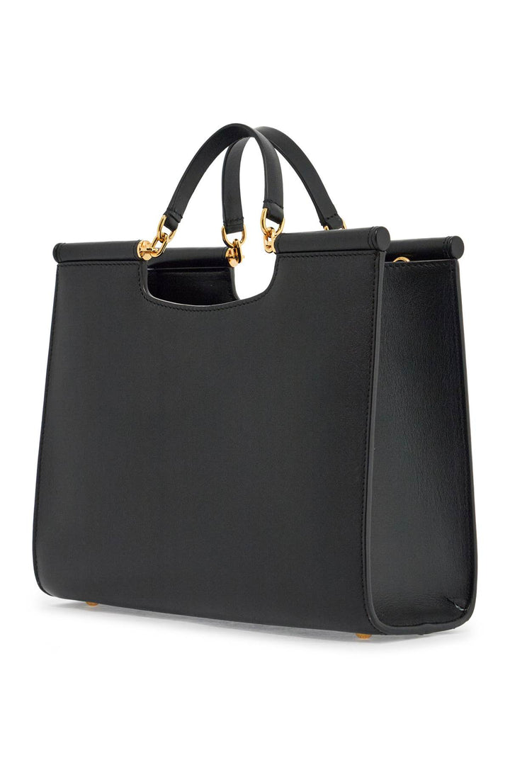 Black Calfskin Tote Bag With Adjustable Shoulder Strap