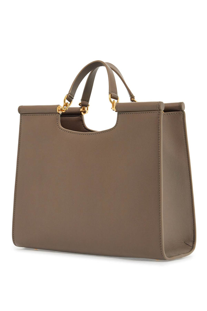 Beige Calfskin Tote Bag With Adjustable Shoulder Strap