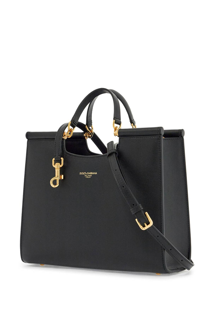 Black Calfskin Tote Bag With Adjustable Shoulder Strap