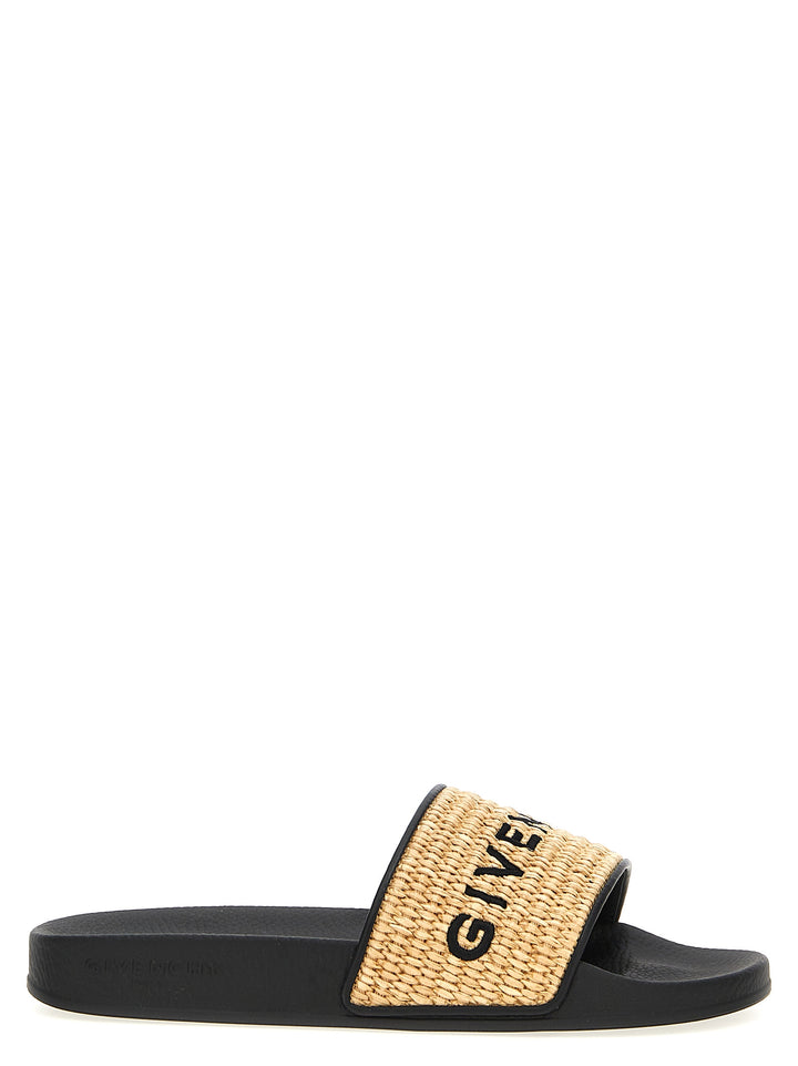 Raffia Logo Embroidery Sandals Beige