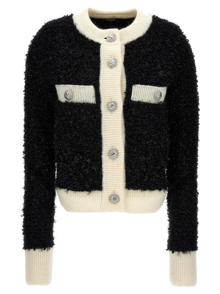 Furry Tweed Cardigan Sweater, Cardigans White/Black