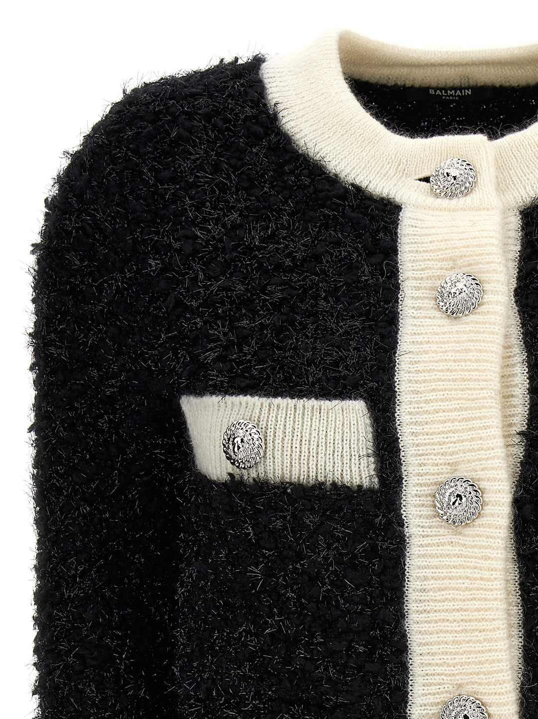 Furry Tweed Cardigan Sweater, Cardigans White/Black