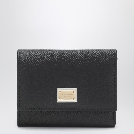 Black Dauphine Leather Wallet With Logo Plaque