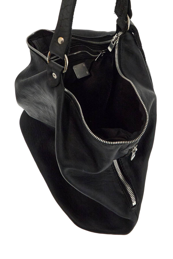 Black Horse Leather Triangular Bag With Zip Closure