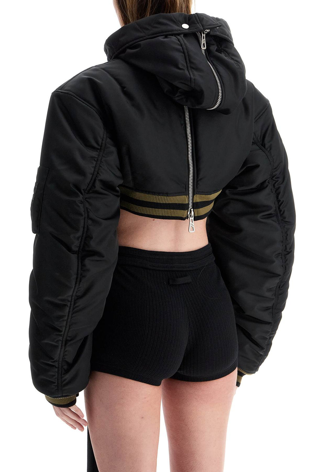 Cropped Black Nylon Padded Bomber Jacket With Hood