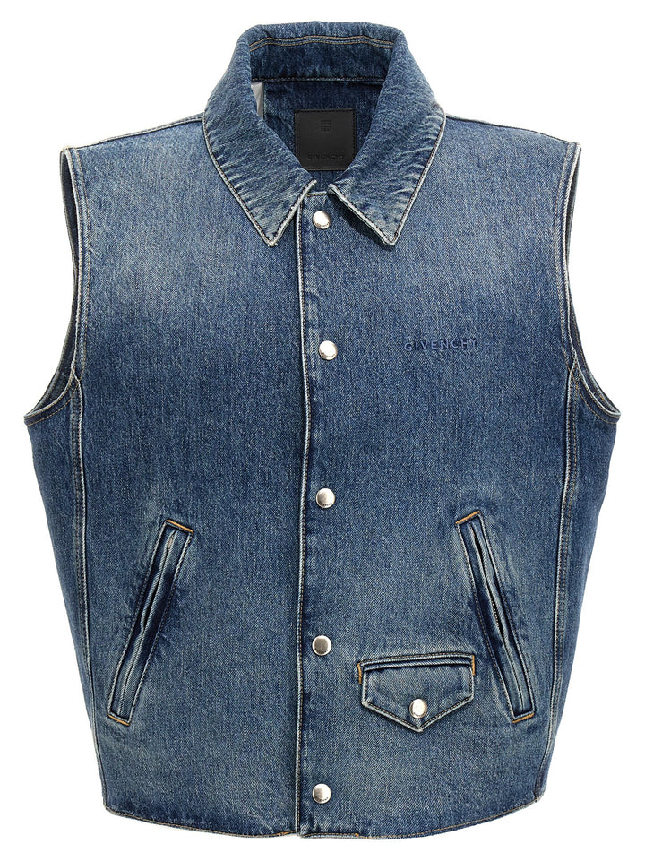 Logo Embroidery Denim Vest Gilet Blue