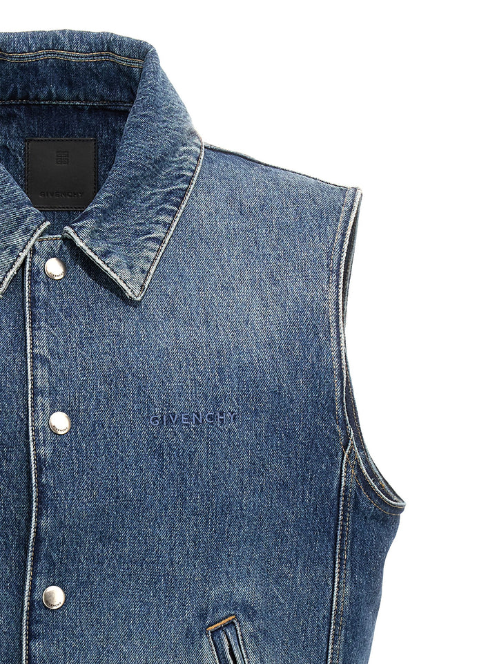 Logo Embroidery Denim Vest Gilet Blue