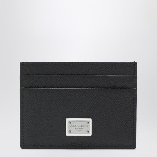 Black Dauphine Leather Card Holder With Logo Plaque