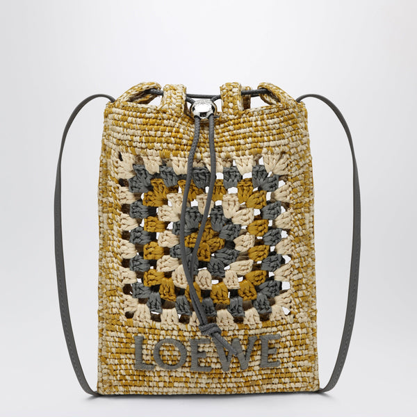 Pearl Grey/Mustard Raffia And Leather Drawstring Pouch