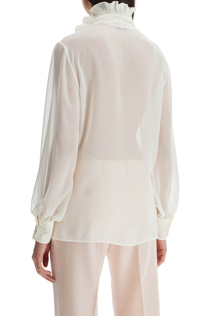 Cream Silk Shirt With Ruffled Collar And Mother Of Pearl Buttons