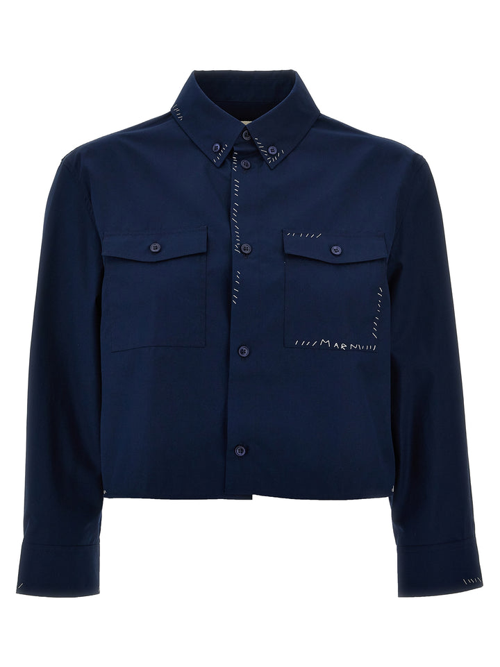 Logo Embroidery Stitching Shirt Shirt, Blouse Blue