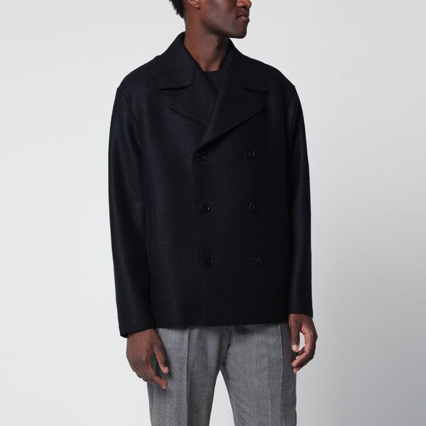 Navy Short Double-Breasted Wool Coat