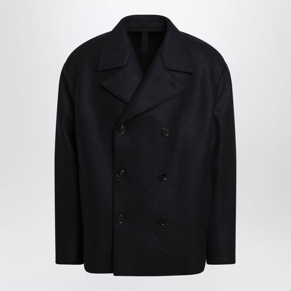 Navy Short Double-Breasted Wool Coat