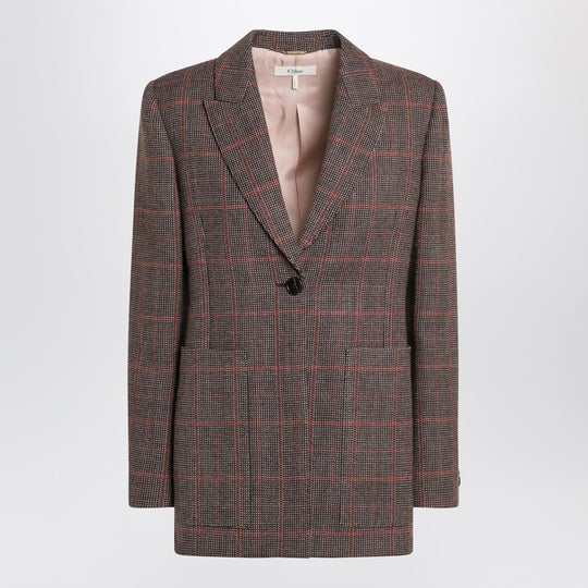 Single-Breasted Checked Brown Wool Jacket