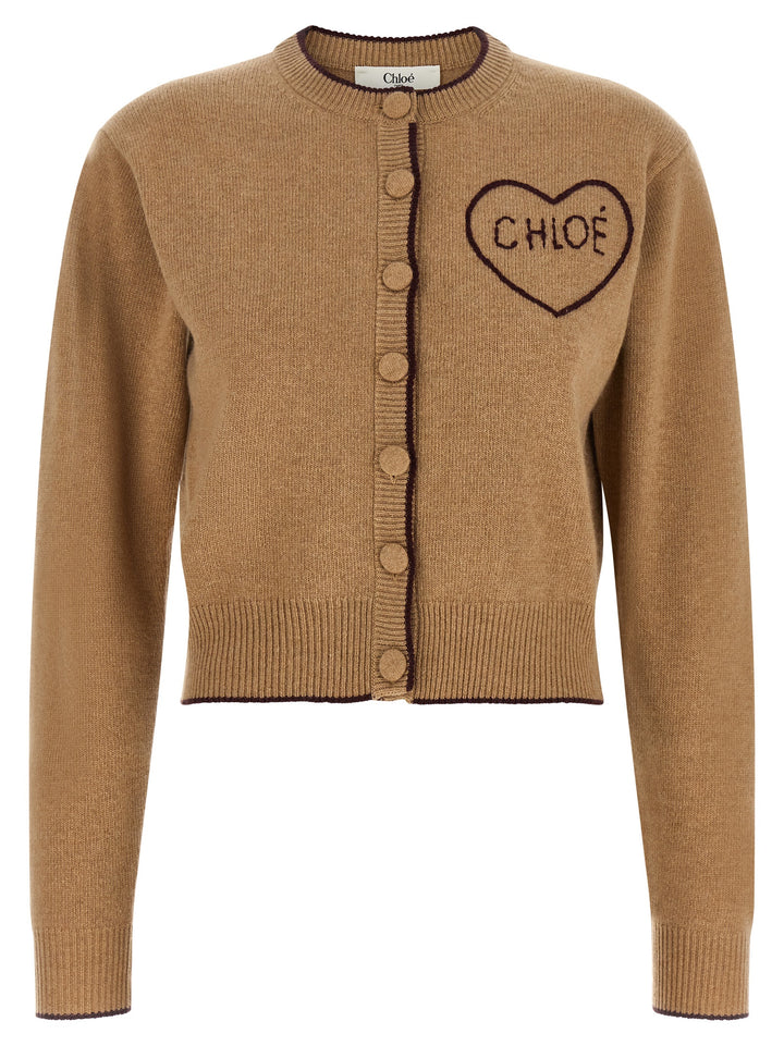 Chloé Heart Intarsia Cardigan Sweaters and Cardigans - Beige | 431c99b2b224b98c525f2f112d181a4ee270c601
