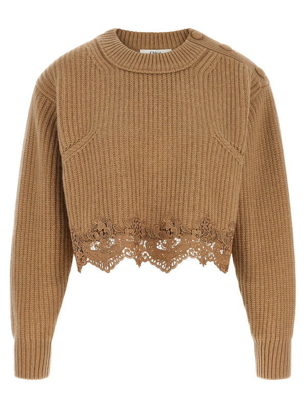 Cropped Lace Sweater Sweaters And Cardigans Beige