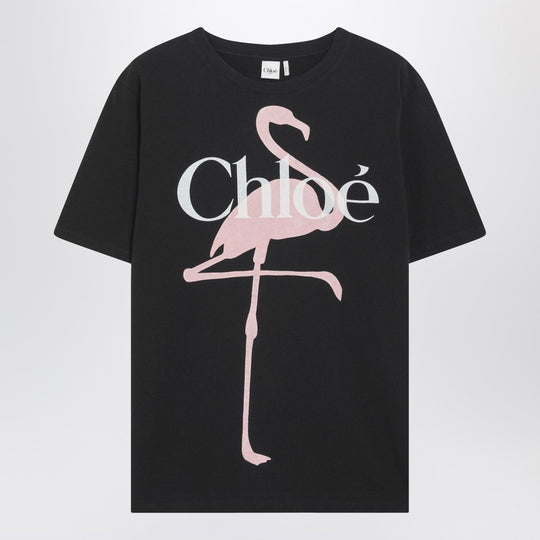 Black Oversized T-Shirt With Logo And Flamingo Print