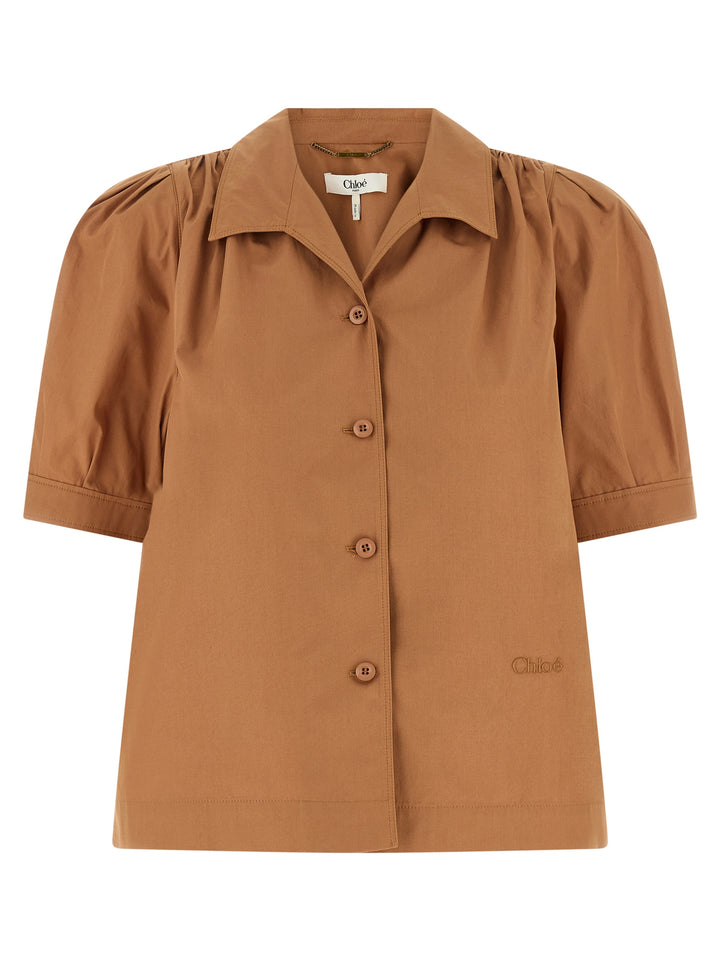 Chloé Logo Embroidery Shirt Shirt and Blouse - Brown | 20163d6e80f5c5f9fe6f3455bc3858f01680dba9