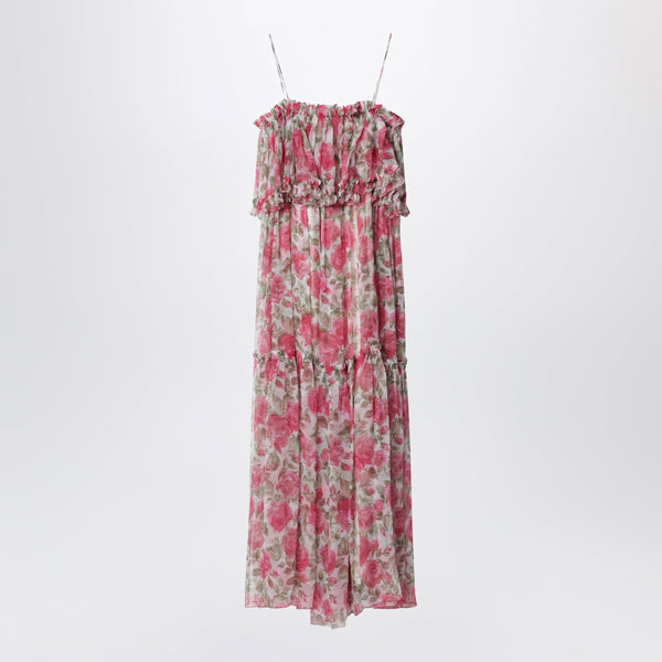 Long Silk Muslin Dress With Rose Print, White/Pink