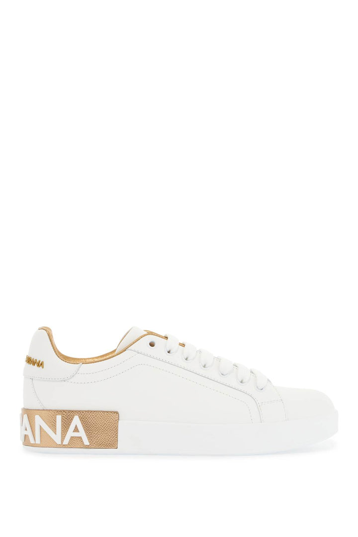 White Calfskin Low Top Sneakers With Gold Details And Velcro Closure