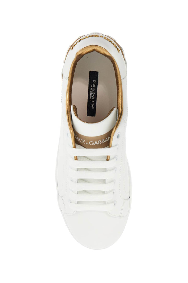 White Calfskin Low Top Sneakers With Gold Details And Velcro Closure