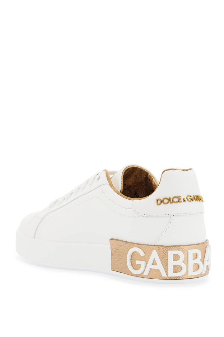 White Calfskin Low Top Sneakers With Gold Details And Velcro Closure