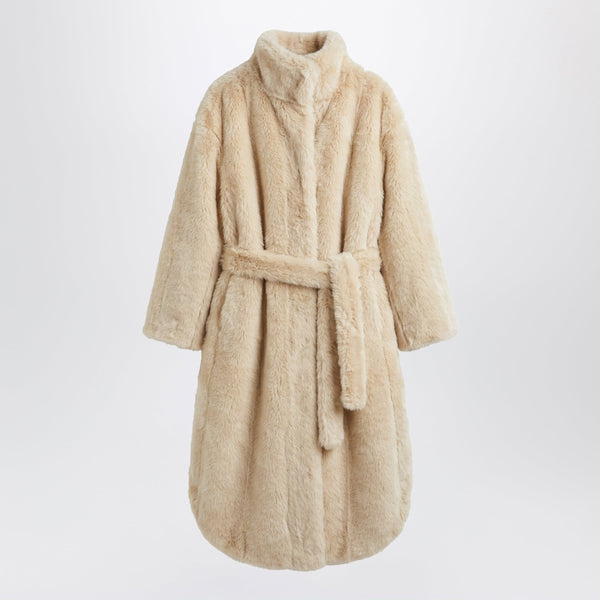 Beige Belted Faux Fur-Effect Coat